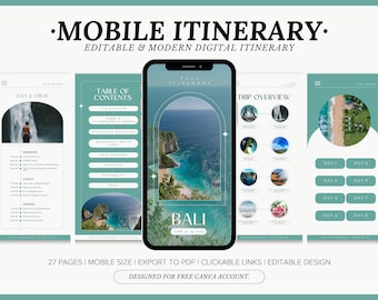 Könnte beinhalten: Ein Handy-Bildschirm zeigt eine digitale Reiseroute für eine Reise nach Bali. Die Reiseroute umfasst ein Inhaltsverzeichnis, eine Reiseübersicht und Tagespläne. Das Handy ist von anderen Seiten der Reiseroute umgeben, die in einem modernen, minimalistischen Stil mit einem Teal- und Weiß-Farbschema gestaltet sind.