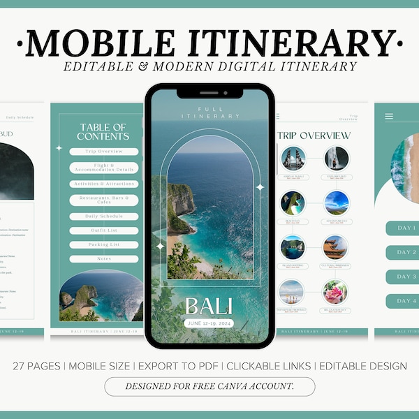 Editable Travel Itinerary Template, Instant Download, Bali Daily Travel Itinerary, Indonesia Digital Itinerary Canva Template, Summer Trips