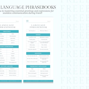 以下が含まれることがあります： 「Language Phrasebook」というタイトルと、「Greetings」、「Dining」、「Basic Expressions」、「Shopping」、「Getting Around」、「Emergency Situations」という単語が書かれた、ターコイズブルーの印刷可能な言語フレーズブック2冊。フレーズブックは、複数回繰り返される「FREEBIE」という単語が書かれた白い背景の上にあります。