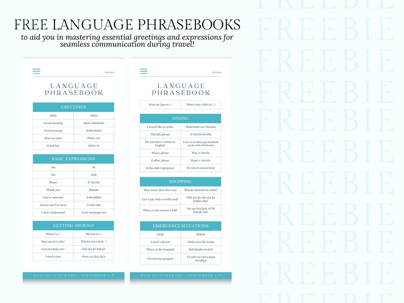 以下が含まれることがあります： 「Language Phrasebook」というタイトルと、「Greetings」、「Dining」、「Basic Expressions」、「Shopping」、「Getting Around」、「Emergency Situations」という単語が書かれた、ターコイズブルーの印刷可能な言語フレーズブック2冊。フレーズブックは、複数回繰り返される「FREEBIE」という単語が書かれた白い背景の上にあります。