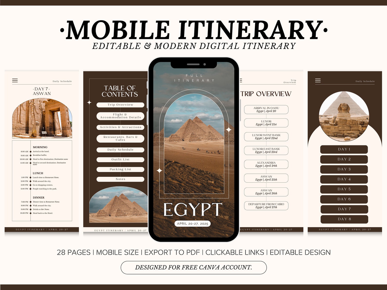 Editable Travel Itinerary Template, Instant Download, Egypt Daily ...