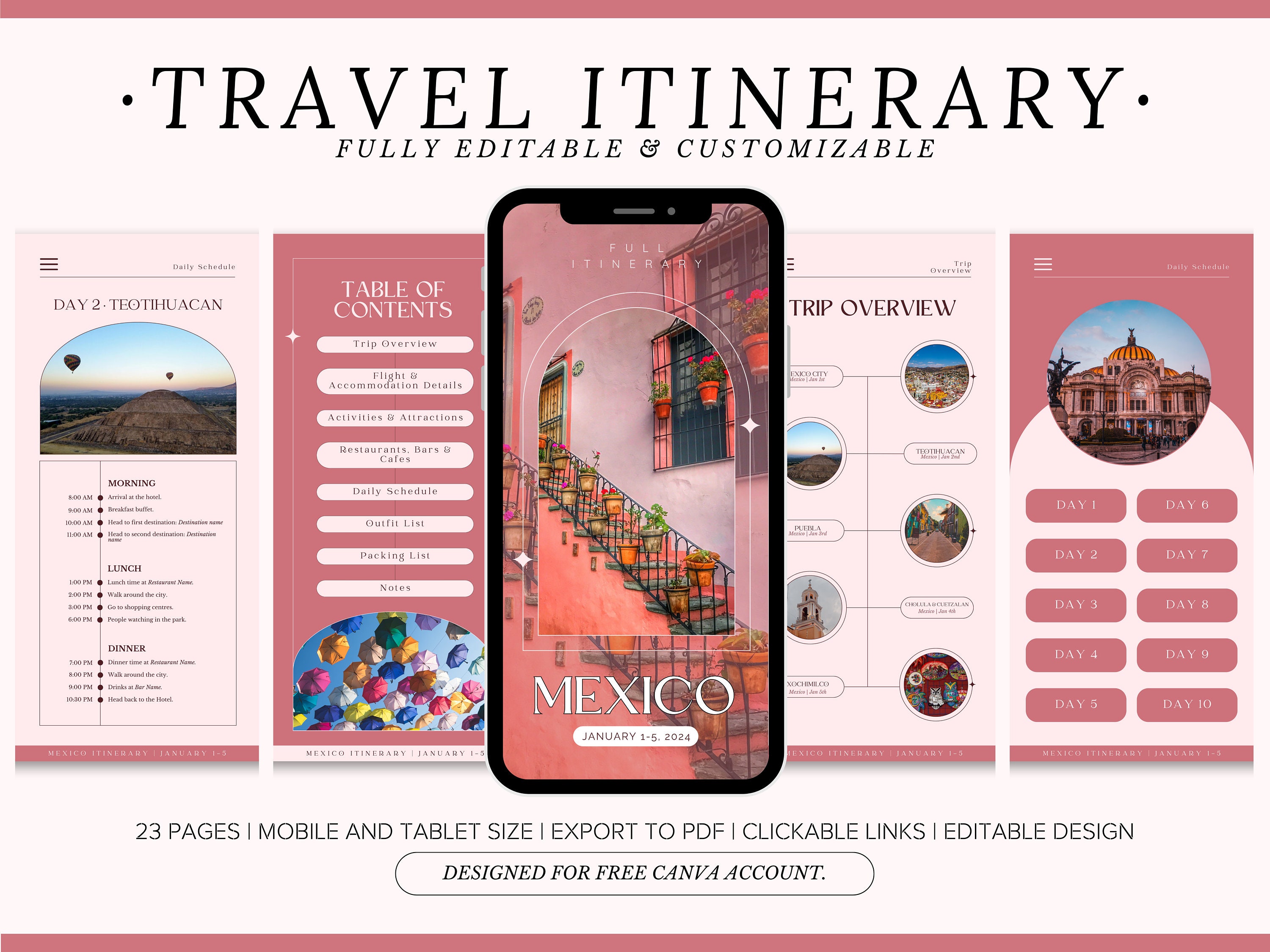 Editable Travel Itinerary Template, Instant Download, Mexico Daily ...