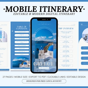 Modello di itinerario di viaggio modificabile, download immediato, itinerario di viaggio giornaliero in Grecia con omaggio, modello di itinerario di viaggio digitale Canva