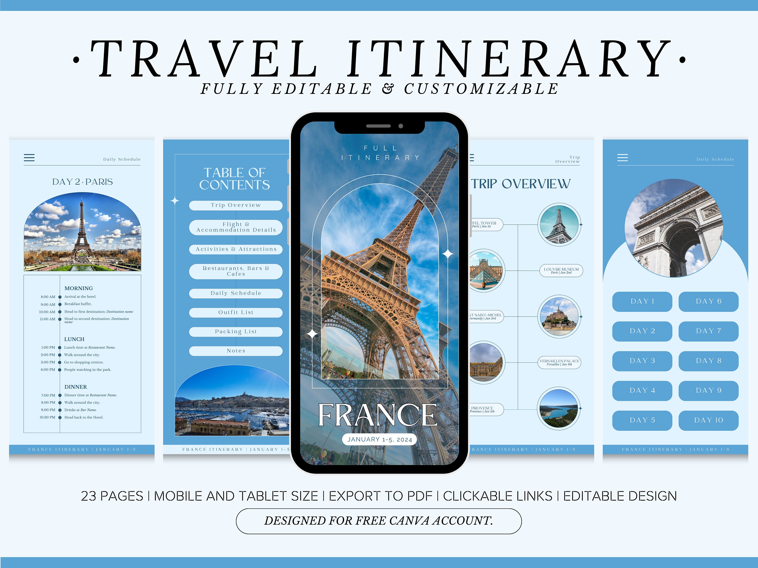 Editable Travel Itinerary Template, Instant Download, France Daily ...