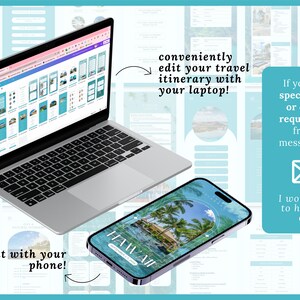 以下が含まれることがあります： ハワイへのデジタル旅行旅程を表示するラップトップとスマートフォン。画面のテキストは「HAWAII」と「SEPTEMBER 1-7, 2023」。ラップトップの画面のテキストは「conveniently edit your travel itinerary with your laptop! 」と「use it with your phone! 」です。