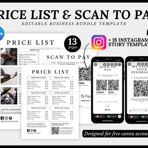Modèle de liste de prix de 31 PAGES, Scan to Pay, Scan QR, Business Bundle, Petite entreprise, Modifiable, Imprimable, Story Instagram, Téléchargement immédiat