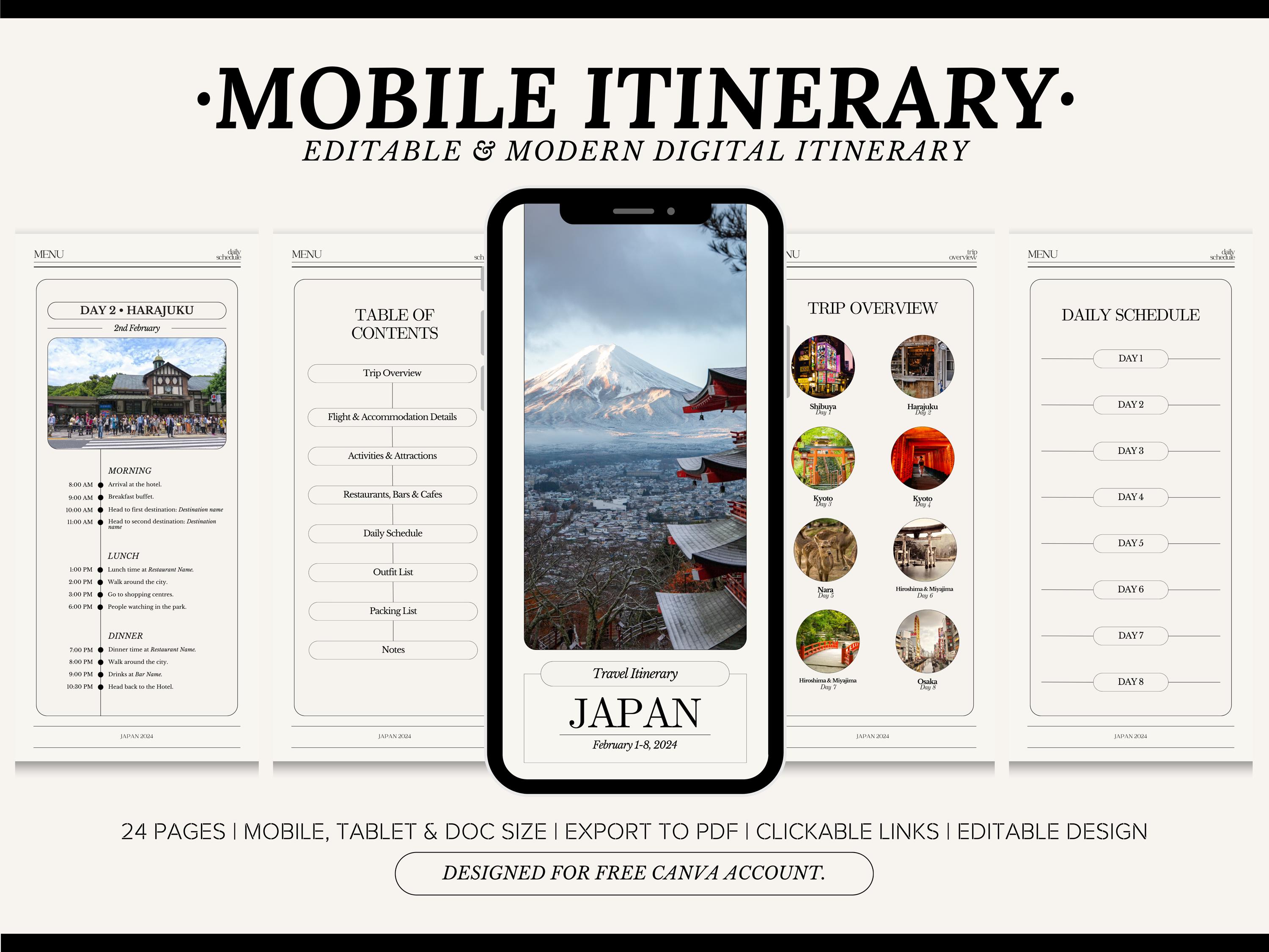 Editable Travel Itinerary Template, Instant Download, Minimalist Daily ...