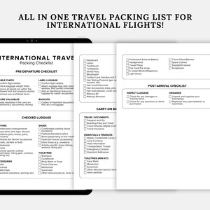 May include: A digital tablet displays a black and white travel packing checklist for international flights. The checklist includes pre-departure, carry-on, and post-arrival sections, with categories for clothes, toiletries, and essentials.