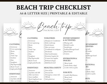 May include: A printable checklist for a beach trip with categories for clothing, toiletries, entertainment, hydration, snacks, health and safety, and essentials. The checklist includes items like swimwear, sunscreen, snacks, and first aid kit.