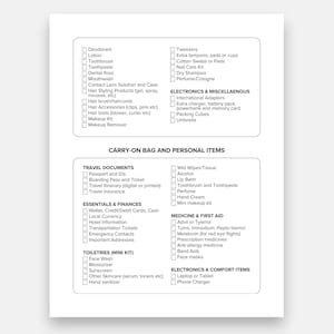 May include: A checklist for carry-on bag and personal items, including toiletries, travel documents, and electronics. The list is organized into categories with checkboxes for each item, such as passport, toothbrush, and phone charger.
