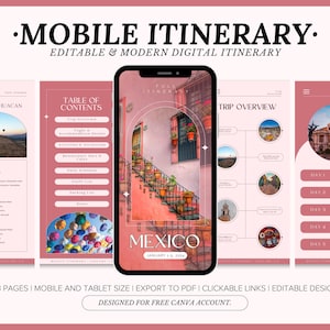 Editable Travel Itinerary Template, Instant Download, Mexico Daily Travel Itinerary with Freebie, Digital Travel Itinerary Canva Template