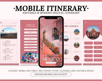 Editable Travel Itinerary Template, Instant Download, Mexico Daily Travel Itinerary with Freebie, Digital Travel Itinerary Canva Template
