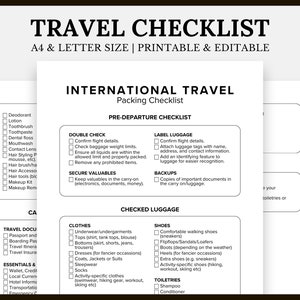 May include: A printable and editable travel checklist with the title "Travel Checklist" at the top. The checklist is divided into sections for pre-departure, checked luggage, and essentials, with checkboxes for each item.