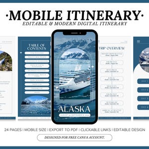 Op de afbeelding: Een digitale reisschema-sjabloon voor een cruise naar Alaska. De sjabloon is ontworpen voor mobiele apparaten en bevat een inhoudsopgave, een reisoverzicht en dagelijkse reisschema's. De sjabloon is ontworpen voor gebruik met Canva.