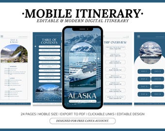 May include: A digital itinerary template for a cruise to Alaska. The template is designed for mobile devices and includes a table of contents, a trip overview, and daily itineraries. The template is designed for use with Canva.