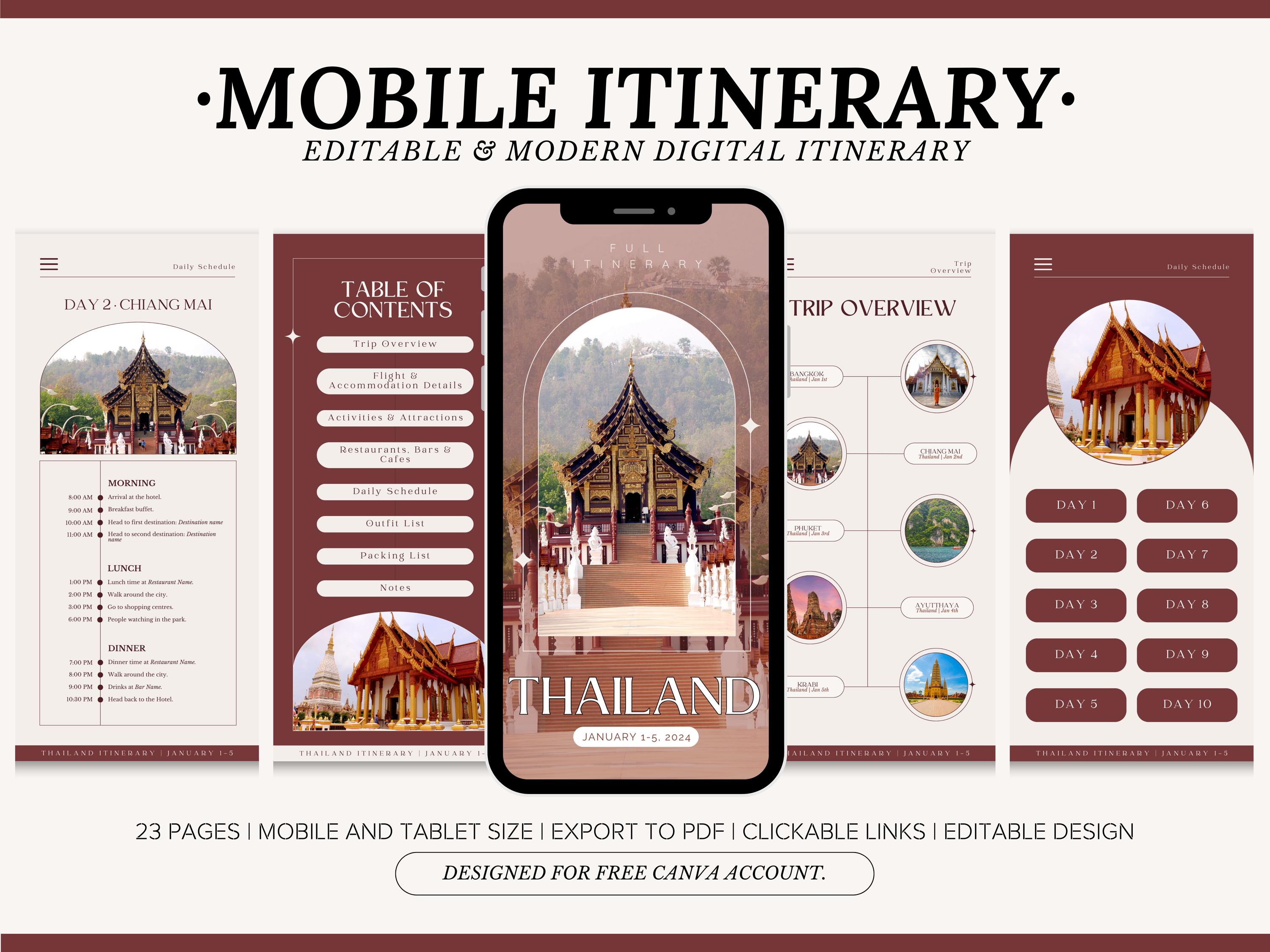 Editable Travel Itinerary Template, Instant Download, Thailand Daily ...