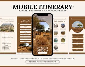 Editable Travel Itinerary Template, Instant Download, South Africa Travel Itinerary, South Africa Digital Itinerary Canva Template, Safari
