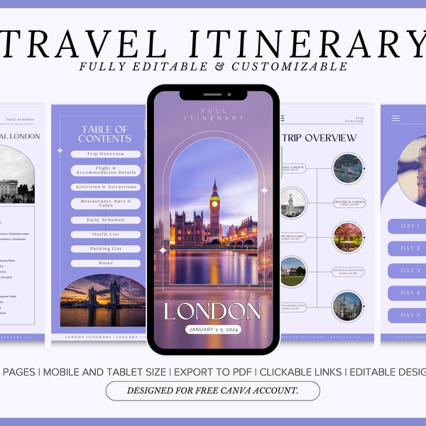 Editable Travel Itinerary Template, Instant Download, London Daily Travel Itinerary, United Kingdom Digital Travel Itinerary Canva Template