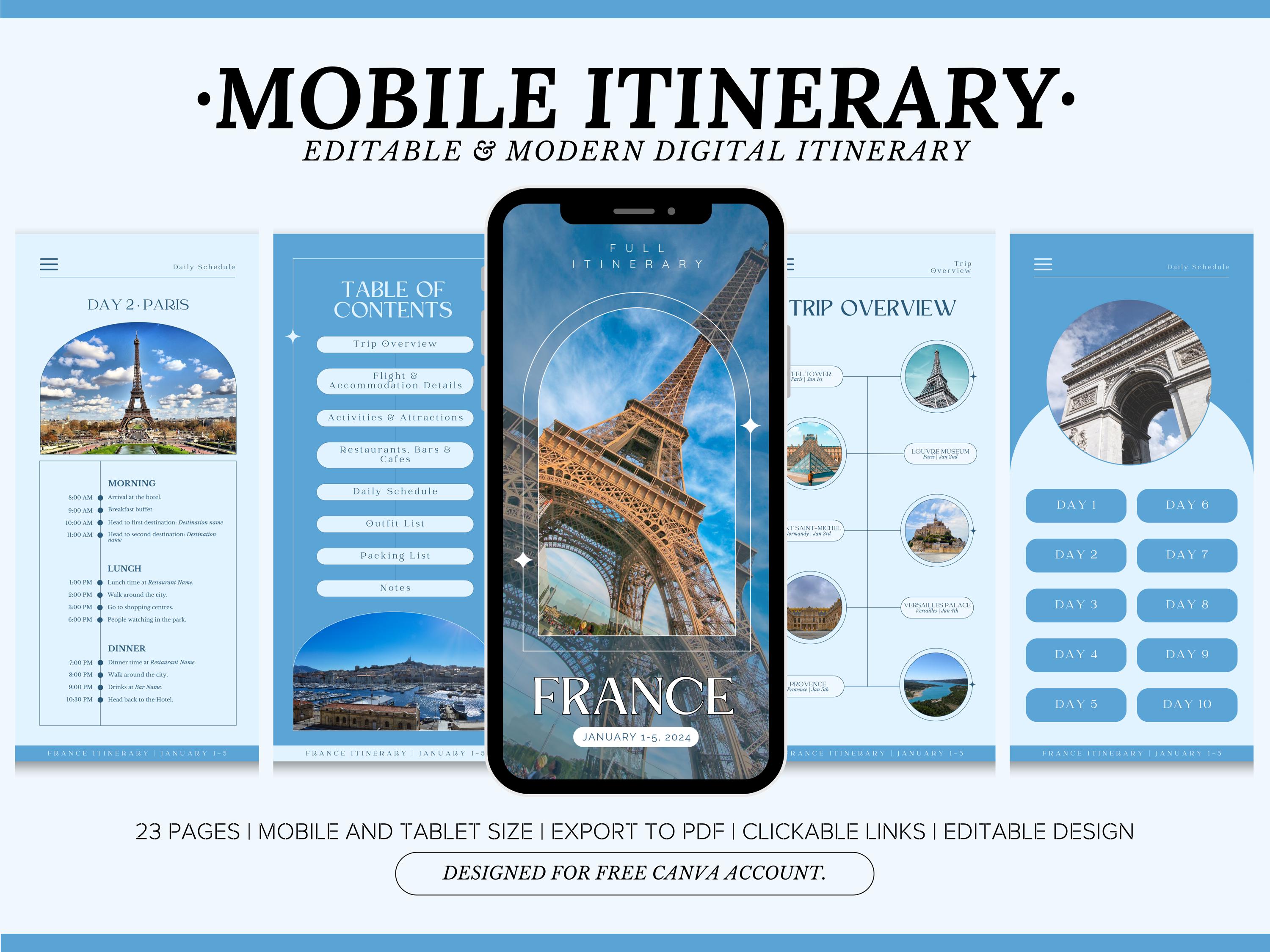 Editable Travel Itinerary Template, Instant Download, France Daily ...
