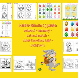 Op de afbeelding: Zwart-witte printbare paasactiviteitenpagina's voor kinderen. De pagina's bevatten kleurplaten, geheugenspelletjes, knip- en plakactiviteiten en teken de andere helft-activiteiten. De pagina's bevatten konijnen, kuikens en eieren.