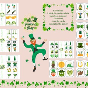 May include: A printable St. Patrick's Day game for kids. The game includes 17 cards with images of shamrocks, leprechauns, pots of gold, and other St. Patrick's Day symbols. The cards are designed to be cut out and laminated for durability.