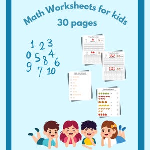 Op de afbeelding: Een lichtblauwe afbeelding met de tekst "Math Worksheets for kids" en "30 pages". De afbeelding toont wiskundige werkbladen, getallen en illustraties van kinderen. De werkbladen bevatten tel- en nummer-traceer oefeningen voor kinderen.