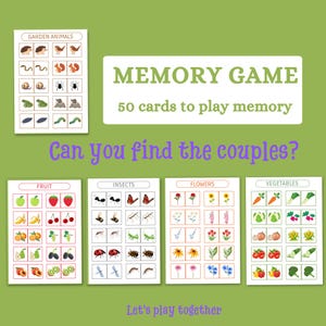 Op de afbeelding: Een kleurrijk memory-spel met 50 kaarten met afbeeldingen van tuin dieren, fruit, insecten, bloemen en groenten. Het spel heeft de titel "Memory Game" en bevat de tekst "50 kaarten om memory te spelen" en "Kun je de paren vinden?" Het spel bevat ook de tekst "Laten we samen spelen".