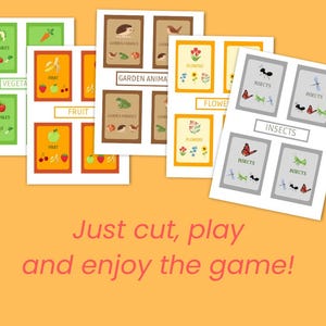 May include: A set of printable cards featuring colorful illustrations of garden-themed items, including vegetables, fruits, garden animals, flowers, and insects. The cards are labeled with the category name and are ready to be cut out and used for a game.