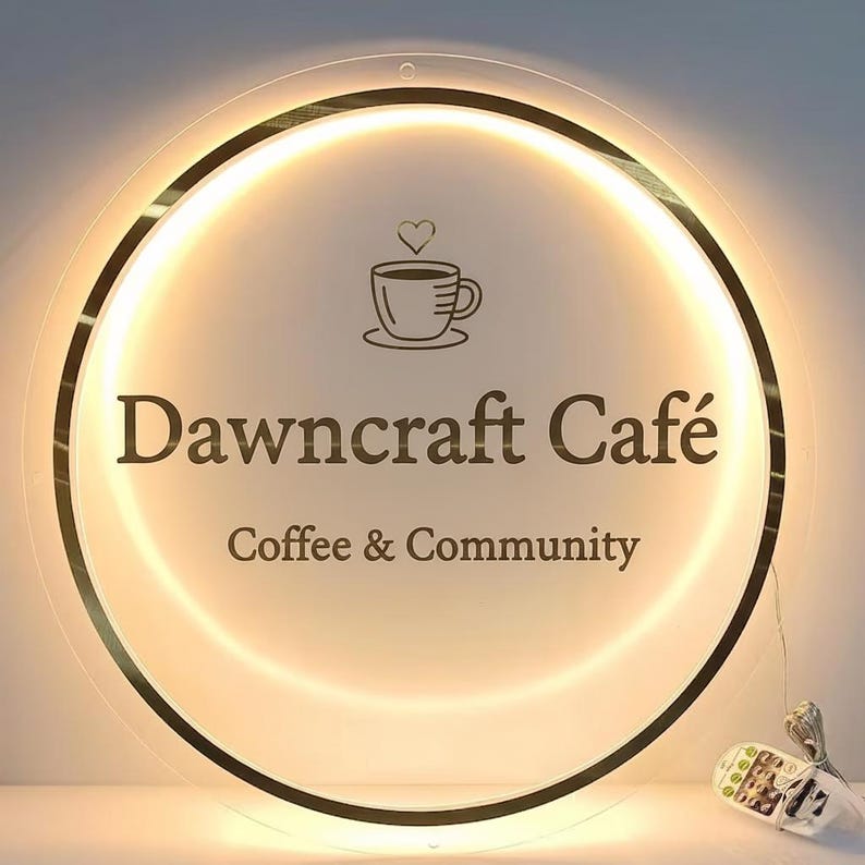 May include: Circular cafe sign with a warm, glowing light. The sign features the text "Dawncraft Caf&eacute;" in a serif font, along with the words "Coffee & Community" below. A coffee cup icon with a heart above it is also present.