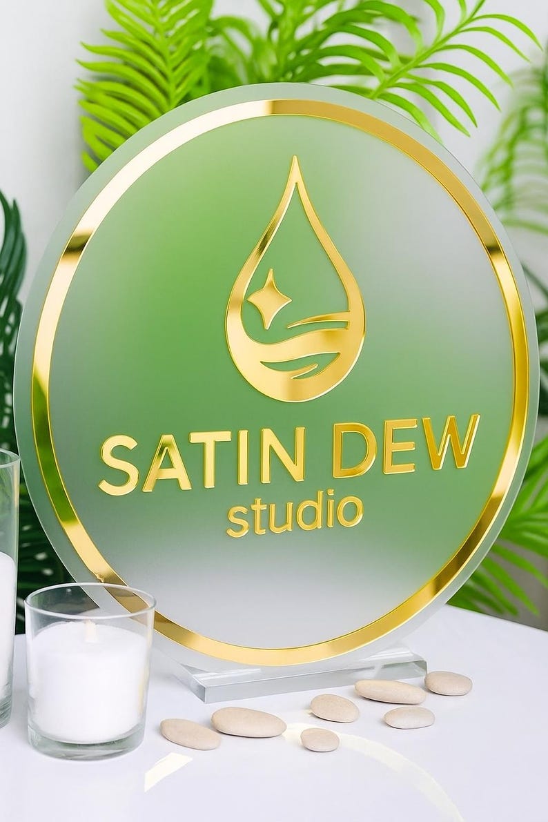 May include: A round sign with a gold border and the words "SATIN DEW studio" in gold lettering. The sign has a green background with a gold water droplet design. The sign is displayed on a clear stand with small stones in front of it.
