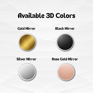 May include: Image displaying four circular color options: Gold Mirror, Black Mirror, Silver Mirror, and Rose Gold Mirror. Each color is presented as a solid circle with a white border, set against a white background with a subtle pattern.