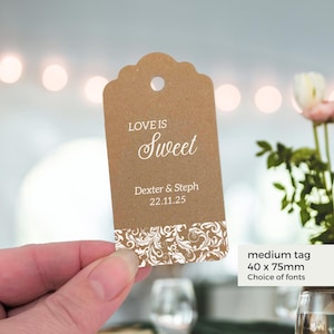 Love is sweet wedding favour tags, personalised recycled Kraft tags with white filigree panel design, guest favour tags for sweets
