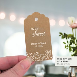 Love is sweet wedding favour tags, personalised recycled Kraft tags with delicate white filigree design, guest favour tags for sweets