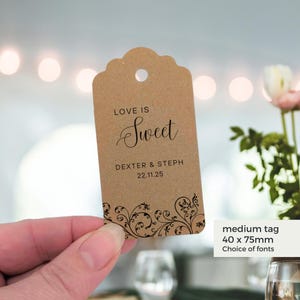 Love is sweet wedding favour tags, personalised recycled Kraft tags with delicate black filigree design, guest favour tags for sweets