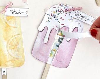 Shakerkaartenset "IJsje op een stokje" | Sjabloon voor geldcadeaus en waardebonnen (PDF) | 4 ontwerpen | Printbaar om zelf te maken | Zomers ijslollycadeau