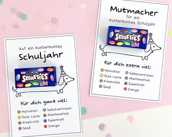 Einschulung Geschenk Vorlage | Mutmacher Schulanfang | Geschenk Schulanfänger | Dackel | passend für Smarties | Printable