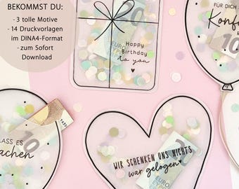 Printable shaker card for money gifts | Bundle of 14 designs | Packaging for money & vouchers | Last-minute gift