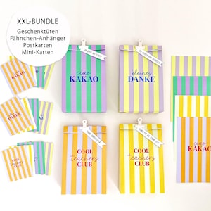 Könnte beinhalten: Ein DIY-Bundle aus Geschenktüten, Fähnchen-Anhängern, Postkarten und Mini-Karten mit vertikalen Streifen in Gelb, Lila und Grün. Die Artikel zeigen Texte wie Ciao Kakao, kleines DANKE und COOL teachers CLUB. Es ist ein digitaler PDF-Download.