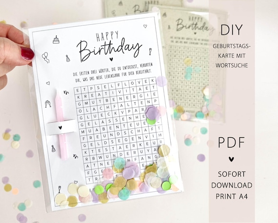 Druckvorlage Geburtstagskarte | Wortsuche | Postkarte Geburtstag PDF | Wortsuchrätsel | Printable