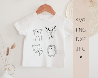 Könnte beinhalten: Weißes T-Shirt mit einem schwarz-weißen Grafikdesign eines Bären, Rehs, Fuchses und Igels. Das Design ist einfach und minimalistisch.