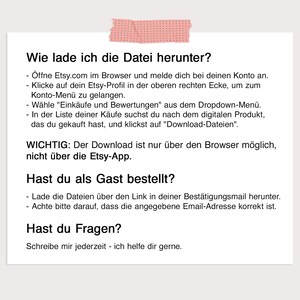 May include: A white paper with German text, secured with a pink washi tape. The text provides instructions on how to download files from Etsy, including steps for browser access and guest orders. It also offers support.