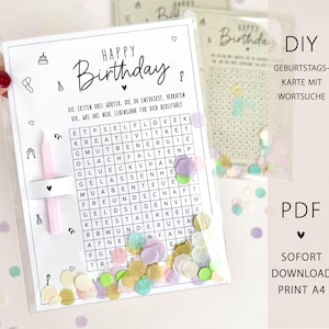 May include: A clear plastic sleeve containing a DIY birthday card with a word search puzzle. The card features the words "Happy Birthday" in elegant script, with confetti scattered around. The card also has the text "DIY Geburtstagskarte mit Wortsuche".
