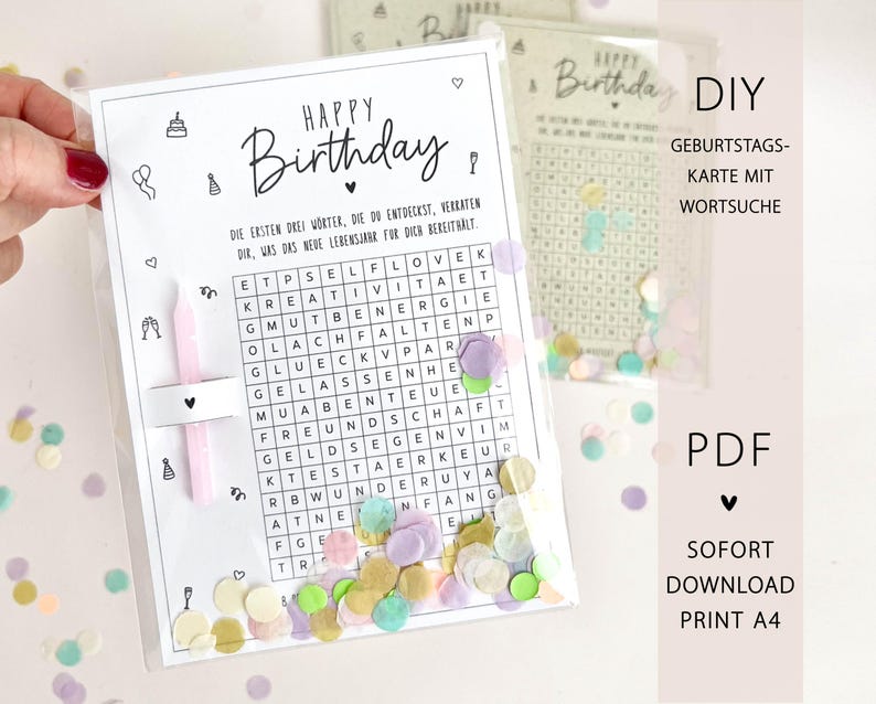 May include: A clear plastic sleeve containing a DIY birthday card with a word search puzzle. The card features the words "Happy Birthday" in elegant script, with confetti scattered around. The card also has the text "DIY Geburtstagskarte mit Wortsuche".