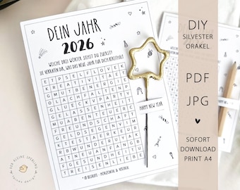 DIY New Year's Eve Oracle | Craft Template A4 | Printable Word Search for New Year's Party | Gift Idea for a Small Gift (PDF & JPG)