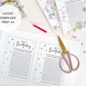 May include: A birthday-themed printable set with a word search puzzle, confetti, and scissors. The text "HAPPY Birthday" is displayed on the page. The words "SOFORT DOWNLOAD PRINT A4" are also visible.