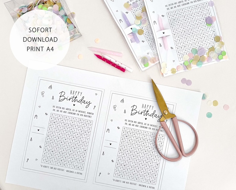 May include: A birthday-themed printable set with a word search puzzle, confetti, and scissors. The text "HAPPY Birthday" is displayed on the page. The words "SOFORT DOWNLOAD PRINT A4" are also visible.