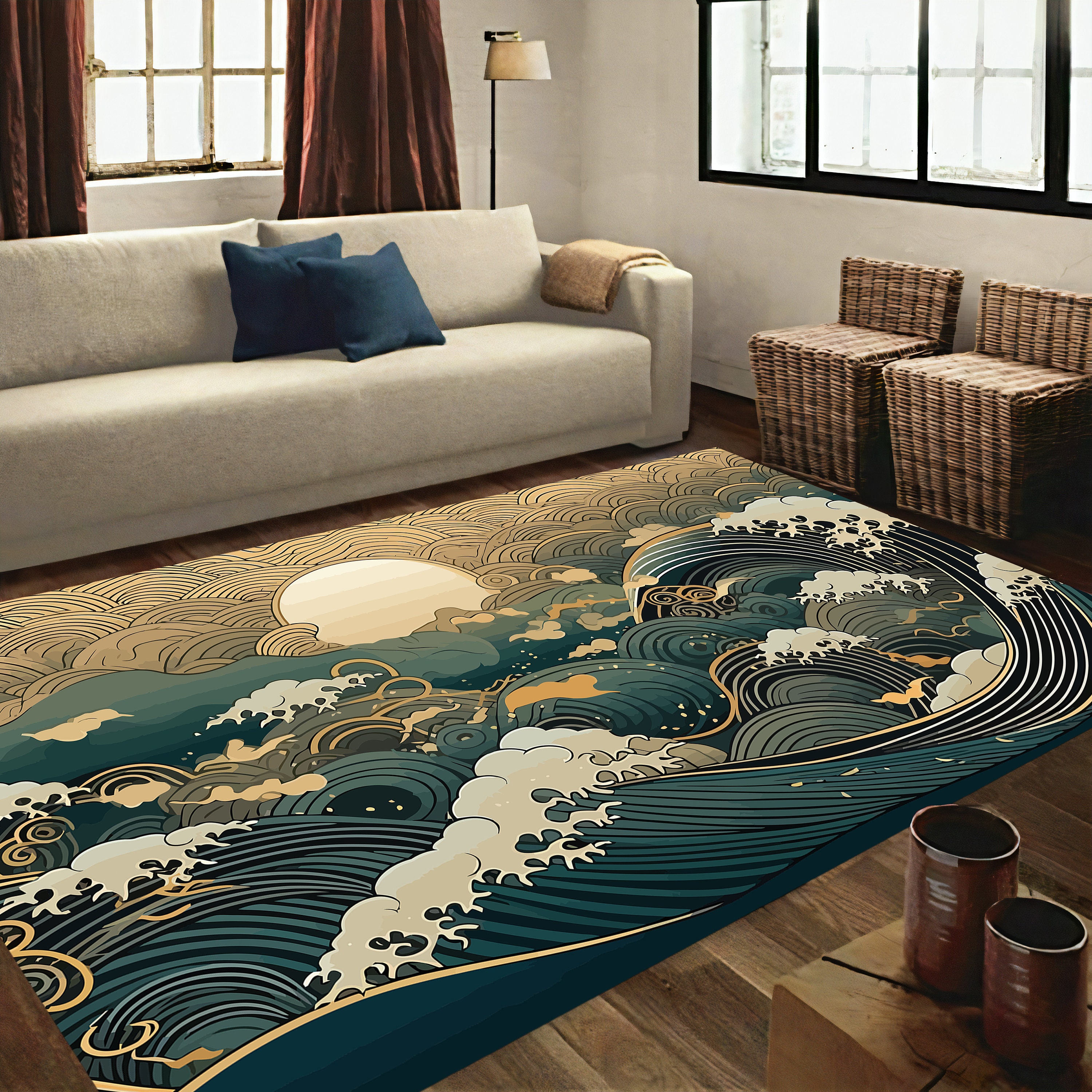 Japan wave rug, wave rug, japanese rug, home decor, decorative rug, minimalist rug, japanese art rug, moon rug, moon pattern rug