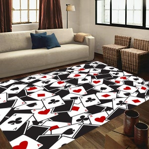 Tapete preto e branco, tapete com tema de cartas de baralho, tapete com padrão de cartas, tapete com cartas de baralho, tapete com padrão de cartas de baralho, tapete com tema de cartas, tapete de área divertida