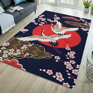 Alfombra japonesa, alfombra de sol, alfombra con grulla, alfombra con grulla, alfombra con estampado de grulla, alfombra japonesa, alfombra con sakura, alfombra con temática de cultura japonesa