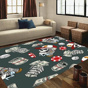 Tapete de caveira, tapete de dólar, tapete de dados, tapete com tema de cartas de baralho, tapete com padrão de cartas, tapete de cartas de baralho, tapete com padrão de cartas de baralho, tapete com tema de cartas, tapete de área divertida